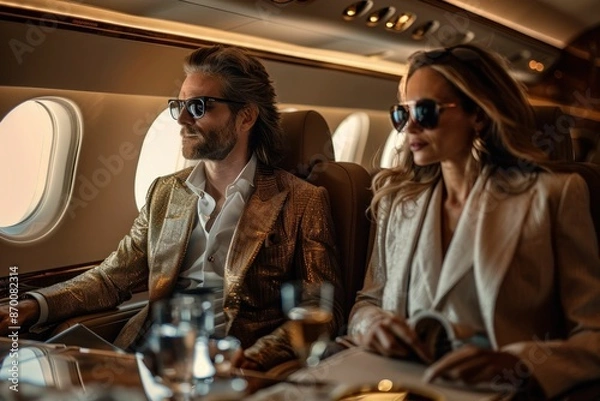 Fototapeta Luxurious airplane journey with elegant couple enjoying champagne and wine while traveling in style