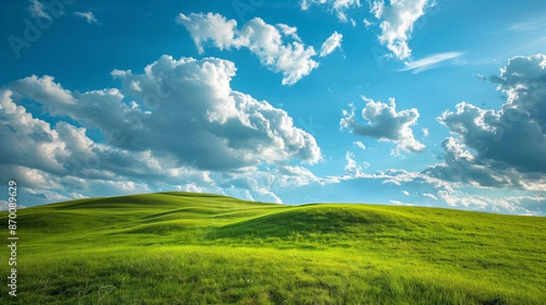 Fototapeta Landscape view of green grass on slope with blue sky and clouds background.