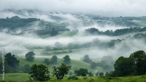 Fototapeta The sight of a misty rain over rolling hills, the landscape shrouded in a soft, ethereal veil, evokes a sense of mystery and beauty.