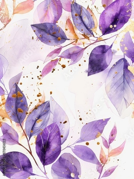 Fototapeta watercolor, purple leaves and gold foil accents, white background, clean edges