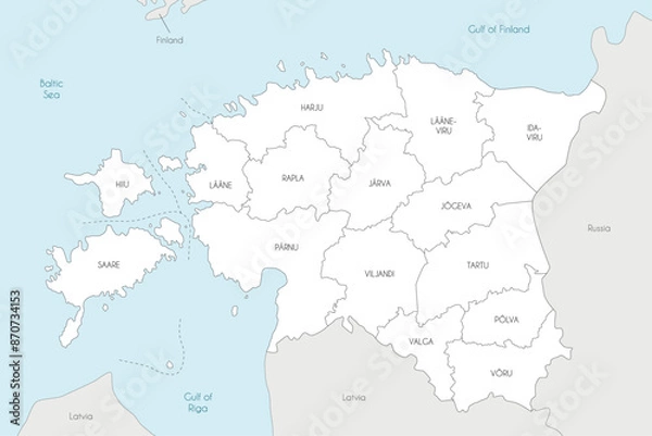 Fototapeta Vector regional map of Estonia with counties and administrative divisions, and neighbouring countries and territories. Editable and clearly labeled layers.