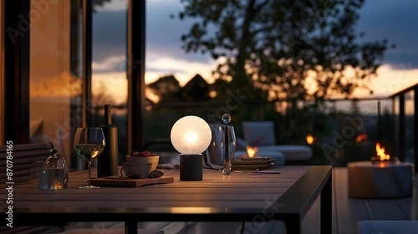 Fototapeta Alfresco Dining Experience at Sunset on Cozy Wooden Table with Wine Glasses and Candles