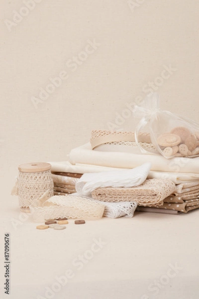 Fototapeta Sewing And Embroidery Craft Kit. Natural Linen Background