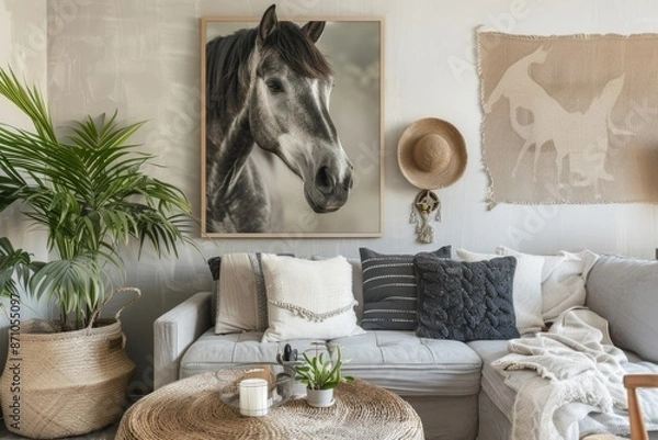 Fototapeta Interior of modern living room with grey sofa, pillows, plaids, coffee table, plaids, black horse, plant and elegant accessories.