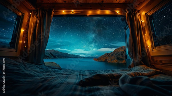 Fototapeta Cozy camper van bed with a stunning night sky view of a lake and mountains, adorned with fairy lights, evoking a sense of adventure and serenity.