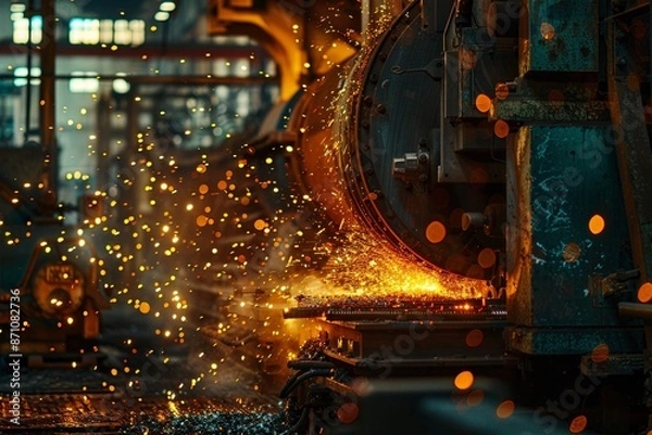 Fototapeta Industrial scene with flying sparks from metalworking process in a factory setting, highlighting dynamic energy and vibrant atmosphere.