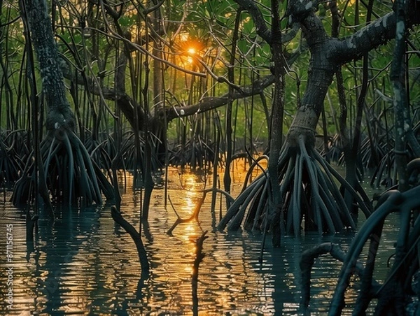 Fototapeta Serene mangrove forest at sunset with sun rays reflecting on the water