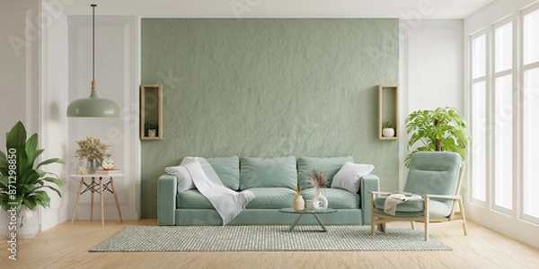 Fototapeta Stylish living room with sage green accents and modern furniture- 3D rendering