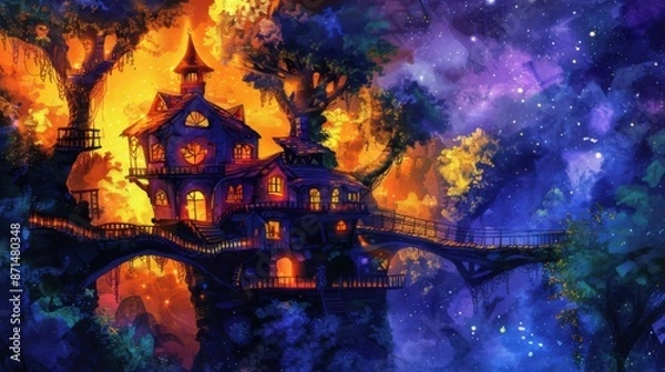 Fototapeta Enchanted Treehouse Village with Interconnected Bridges - Magical Glow Watercolor Illustration