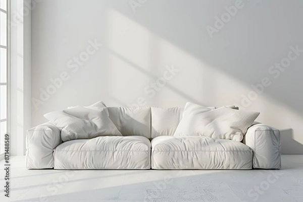 Fototapeta A white couch is sitting in a room with a large window