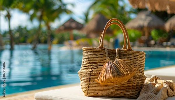 Fototapeta Wicker bag with beach accessories on sunbed near outdoor swimming pool, space for text. Luxury resort