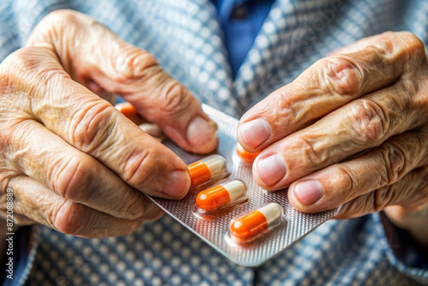 Fototapeta Frail senior woman holding blister pack of pills in her wrinkled hands