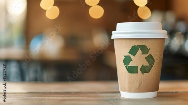 Fototapeta Eco-friendly coffee cup with recycling symbol placed on wooden table in cozy cafe with warm lighting. Sustainable take-away concept.