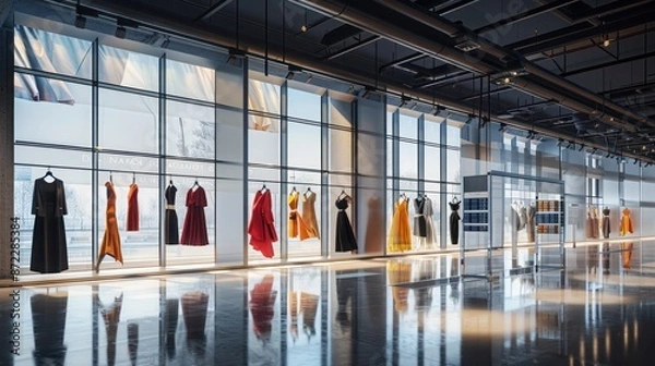 Fototapeta high-end fashion showroom with large energy-efficient windows that display the latest collections in a naturally lit environment, enhancing color accuracy and reducing energy consumption