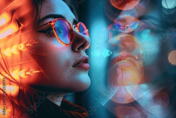 Fototapeta stylish young woman wearing glasses gazes, neon lights bokeh reflective expression effects