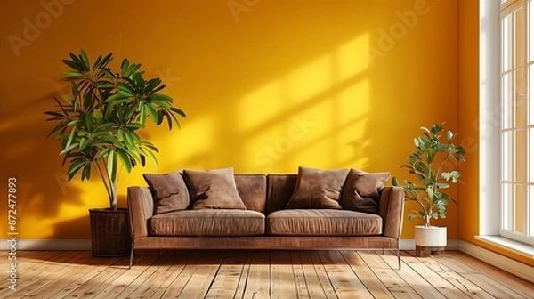 Fototapeta A sophisticated living room showcasing a dark brown sofa, medium-range, yellow walls, large windows, wooden floor, indoor plant, stylish decor. High quality picture resolution 4K sharp focus and