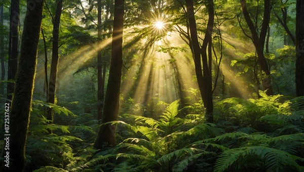 Fototapeta the serene beauty of a sunlit green forest