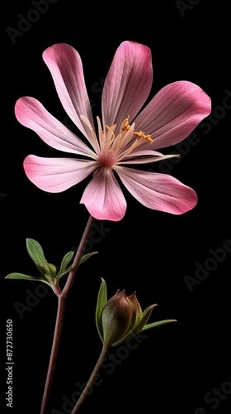 Fototapeta A pink wildflower is photographed against a black background, the flowers have six petals and no leaves, the flowers can be seen in full bloom, 