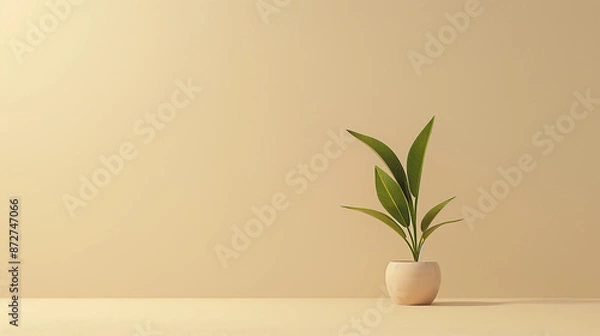 Fototapeta Plant pot standing tall where a human would be expected to stand against a plain colored background suggesting growth and presence.