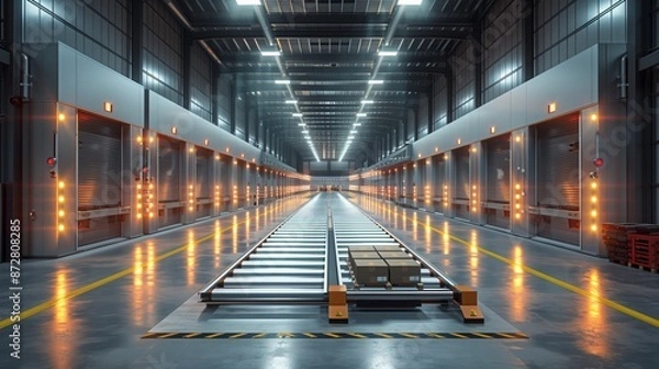 Fototapeta Automated Warehouse with Conveyor Belts and Packages. Futuristic warehouse featuring automated conveyor belts with packages, showcasing state-of-the-art logistics and streamlined operations.