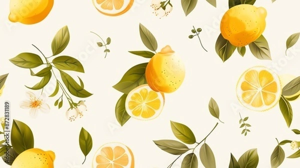 Fototapeta Elegant hand-drawn lemons seamless pattern on a plain background