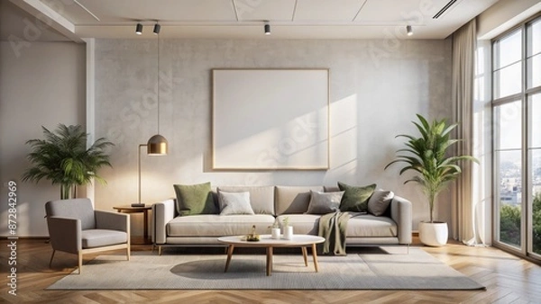 Fototapeta Modern neutral-toned sofa situated beneath a large blank canvas on a crisp white wall, surrounded by sleek furnishings and natural light.