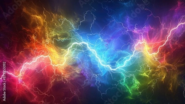 Fototapeta Dynamic rainbow lightning abstract background, illustrating power and intensity with a spectrum of vivid colors.