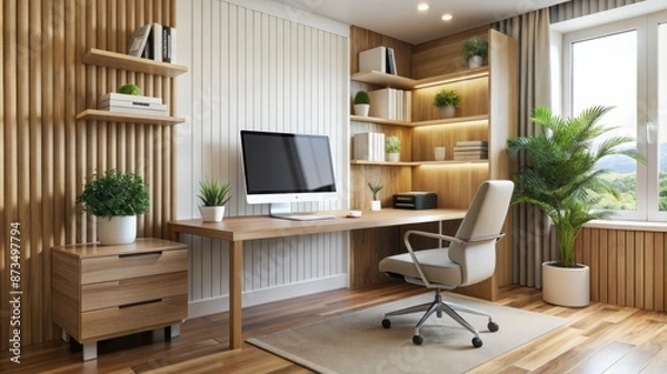 Fototapeta A modern office with a wooden desk and chair, a computer monitor