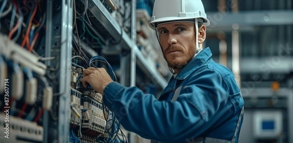 Fototapeta Industrial Electrician Working on Electrical Panel in a Factory