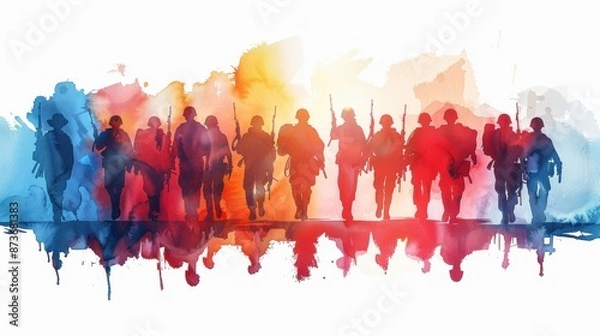 Fototapeta Colorful artistic silhouette of soldiers walking in unison, captured in vibrant watercolor style with a reflective surface.