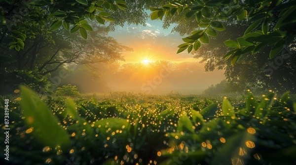 Fototapeta A serene forest scene at sunrise, with the sun's rays filtering through the trees and casting a warm glow on the ground.