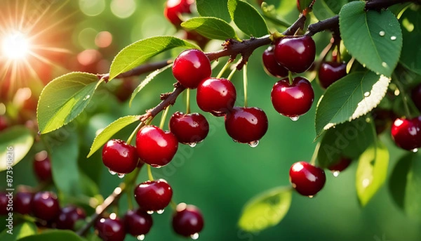 Fototapeta frische Kirschen rot zur Ernte reif am Kirschbaum mit glitzernden Tau Wasser Tropfen als Nahaufnahme im warmen Licht der goldenen Stunde mit Sonnenstrahlen Bio- Öko- nachhaltig Wachstum Obst Plantage