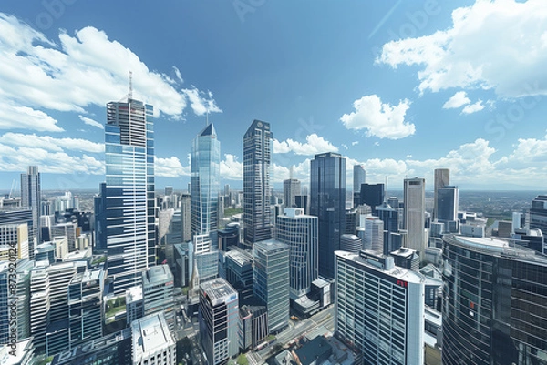 Obraz Drone View of City Office Buildings Beneath Blue Skies and White Clouds