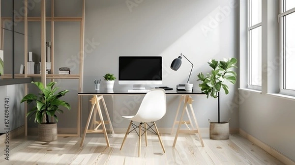 Fototapeta Minimalist Glass Desk and Frame Mockup in Bright Modern Office Interior