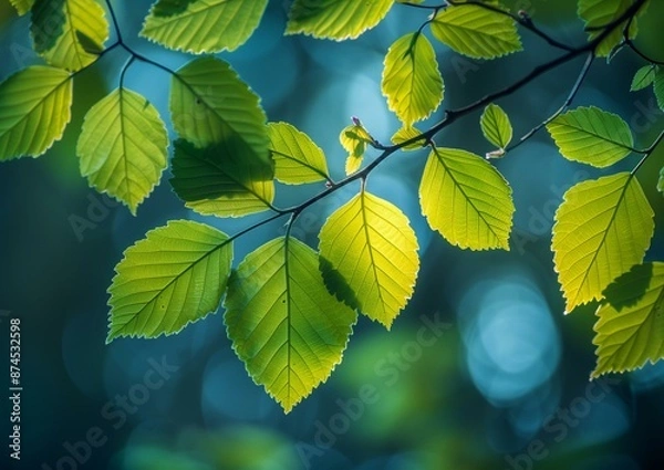 Fototapeta Beautiful Close-Up of Green Leaves with Sunlight in Forest, Nature Photography Background