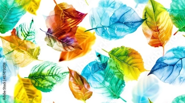 Fototapeta Watercolor leaves floating in the air seamless pattern, vibrant and light colors, handpainted details, perfect for fabric and wallpaper