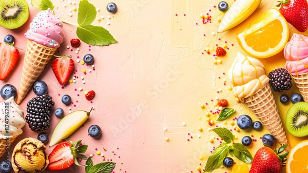 Fototapeta A bright and whimsical flatlay of various ice cream cones surrounded by fresh fruits like strawberries, oranges, kiwis, and berries, creating a colorful and delicious summer treat scene