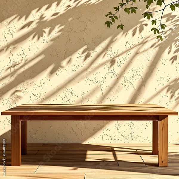 Fototapeta Empty wood table top on beige wall texture with tree leaves shadow background