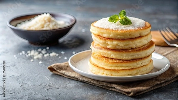 Fototapeta Fluffy rice pancakes served on a plate, food, breakfast, fluffy, rice, pancakes, delicious, homemade, stack, plate, meal, cuisine