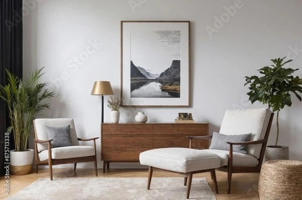 Fototapeta Minimalist living room with mountain landscape art