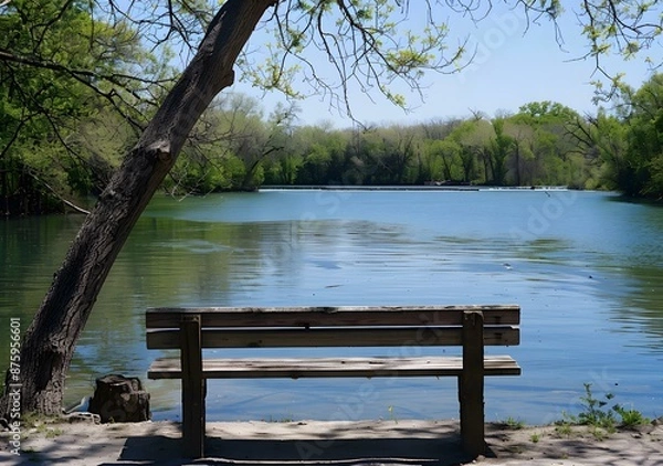 Fototapeta An empty bench sits on the edge of a lake on a sunny day