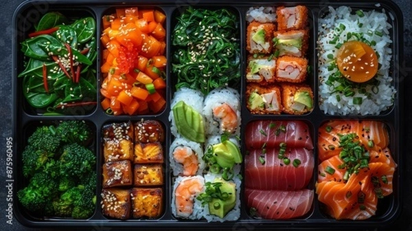 Obraz Delicious Japanese Bento Box with Fresh Sushi, Sashimi, and Veggies - Perfect for a Healthy Meal