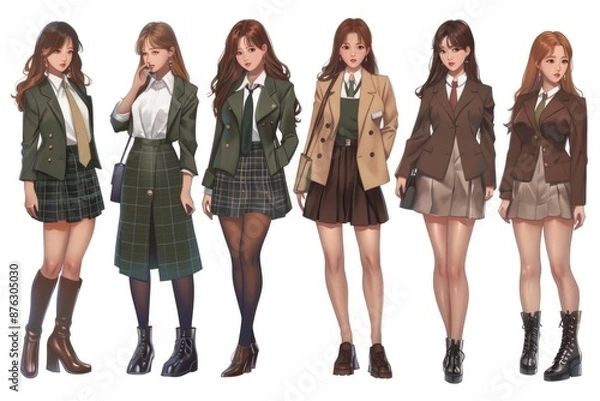 Fototapeta Six anime-style girls in different shades of green and brown school uniforms stand together, showcasing various fashionable outfits and accessories