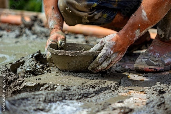 Fototapeta A man is holding a bowl of cement and wearing gloves. Concept of hard work and manual labor