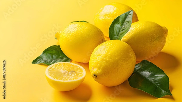 Fototapeta Fresh and juicy lemons with leaves on yellow background. Tasty and sweet citrus fruits. Lemons and lemons with green leaves on a yellow background. Refreshing Lemons with Green Leaves on a Yellow Back