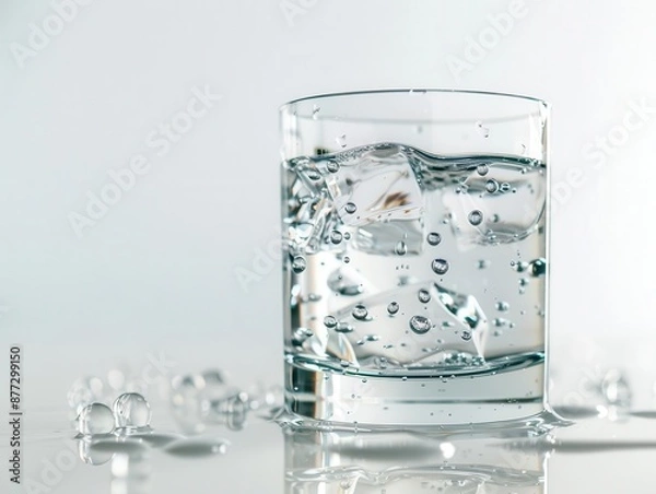 Fototapeta crystal clear glass of water on pristine white surface droplets condensing on exterior purity and refreshment embodied minimalist composition with subtle reflections