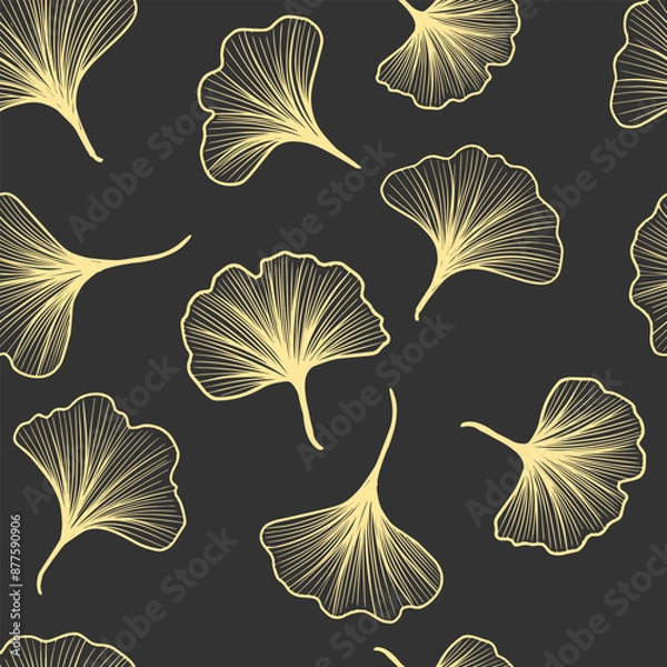 Obraz Seamless pattern with golden line gingko leaves isolated on the dark grey background.