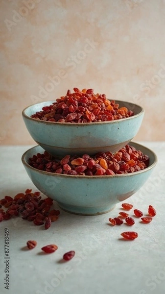 Fototapeta Two blue ceramic bowls stacked with one on top of other, both filled with red goji berries. Bowls sit on white surface with few goji berries scattered around,.