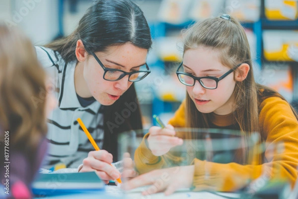 Obraz Teacher helping student with math problem in classroom