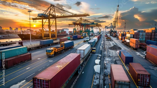 Fototapeta Bustling Shipping Port at Sunset